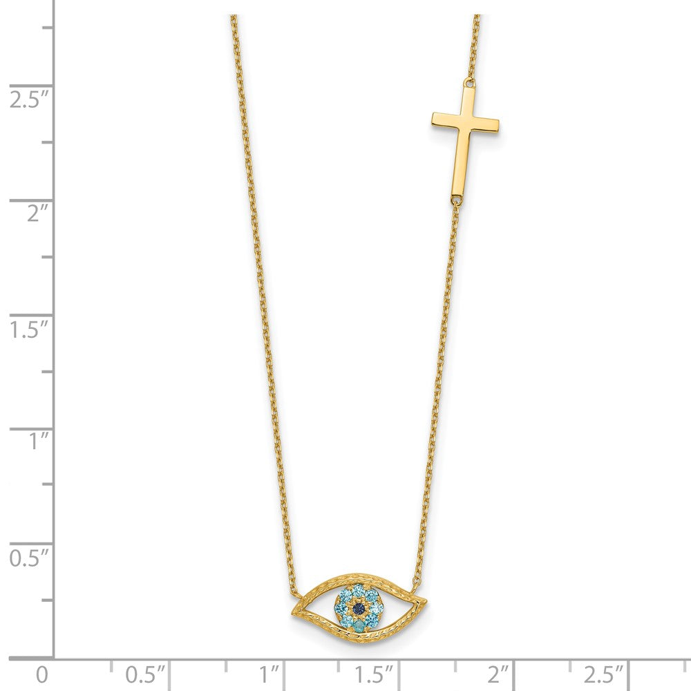 14K Yellow Gold Polished Blue CZ Evil Eye and Cross 18 Inch Necklace Plus 2 Inch Extender