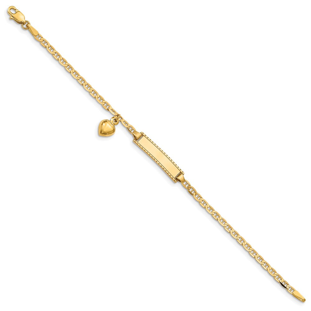 14K Yellow Gold Polished Solid Chain/Solid Plate Heart Dangle Anchor Link 20x5mm Plate 5.5 Inch Baby/Child ID Bracelet