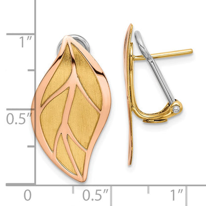 14K Two-Tone Gold Two-tone and Polished and Brushed Leaf Omega Back Post Earrings