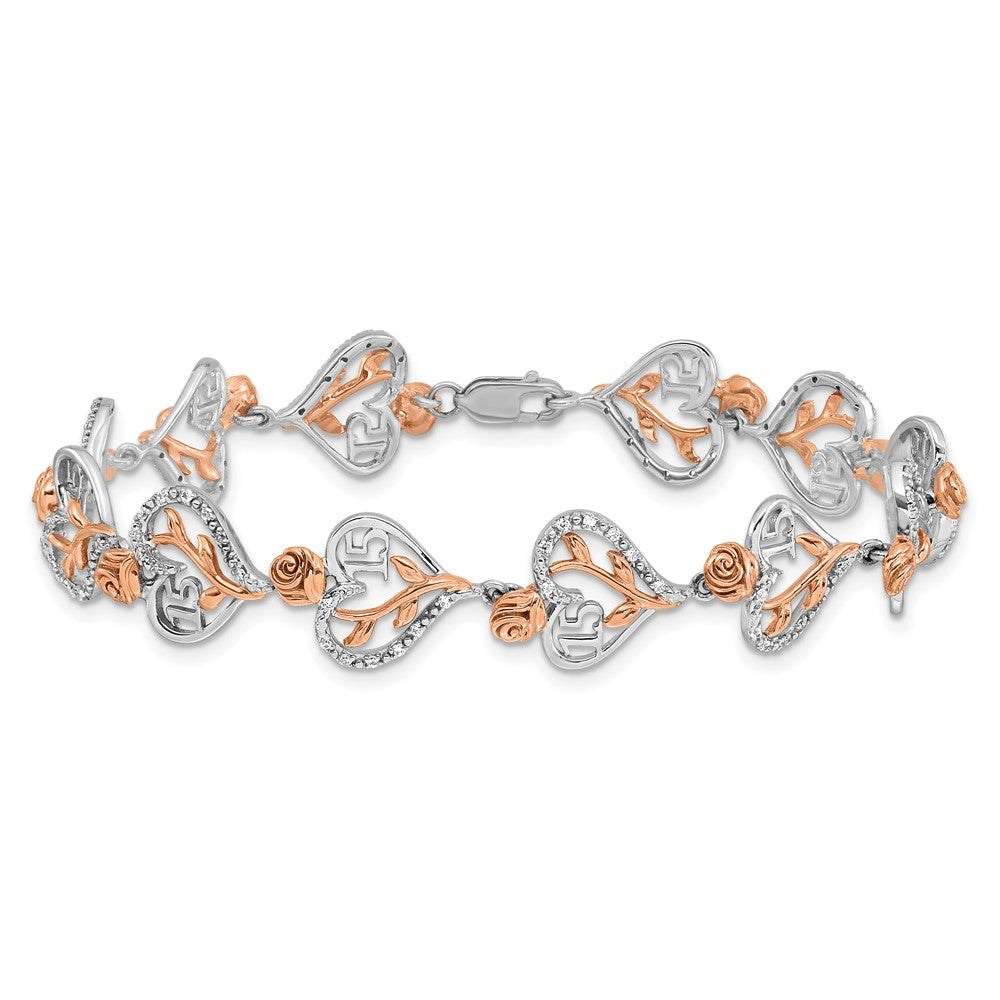 14K White and Rose Gold Complete 1/3 carat Diamond 15 and Rose Quinceanera Heart 7 Inch Bracelet