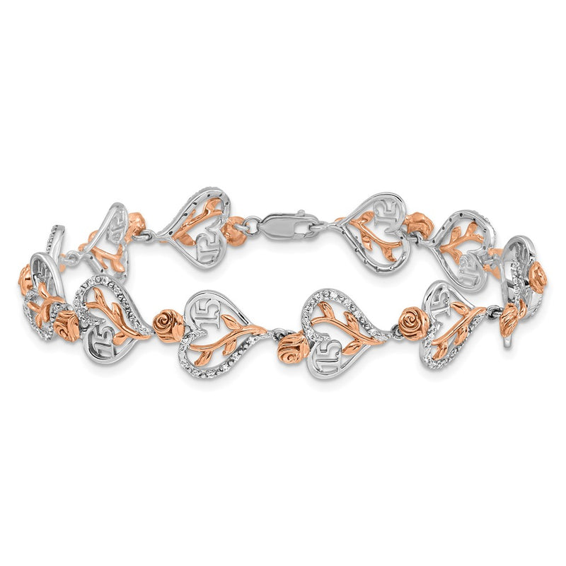 14K White and Rose Gold Complete 1/3 carat Diamond 15 and Rose Quinceanera Heart 7 Inch Bracelet