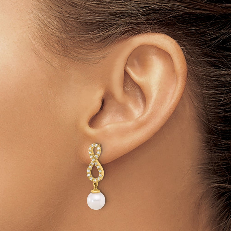 14K Yellow Gold 7-8mm Round Akoya Saltwater Cultured Pearl and .40 Carat Diamond Infinity Post Dangle Earrings