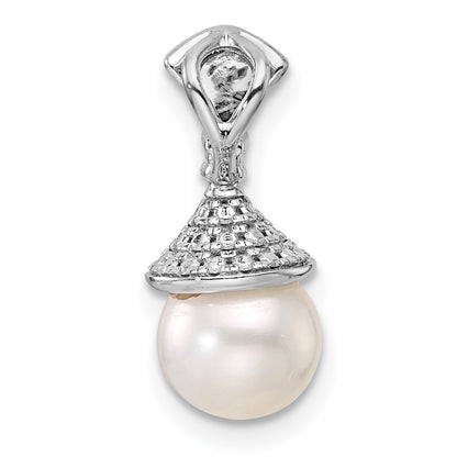 14K White Gold Polished 1/8 carat Diamond and White Freshwater Cultured Pearl Chain Slide