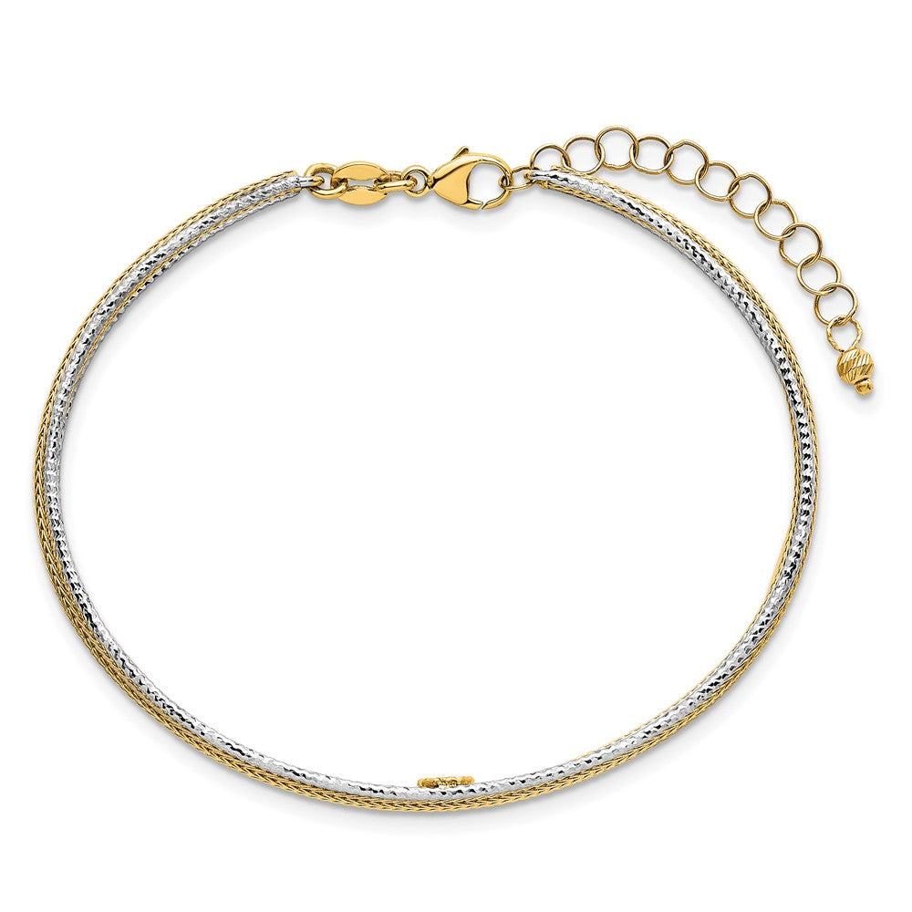 14K Two-Tone Gold Textured Woven 5mm Flexible Bangle Bracelet Plus 1.25 Inch Extender