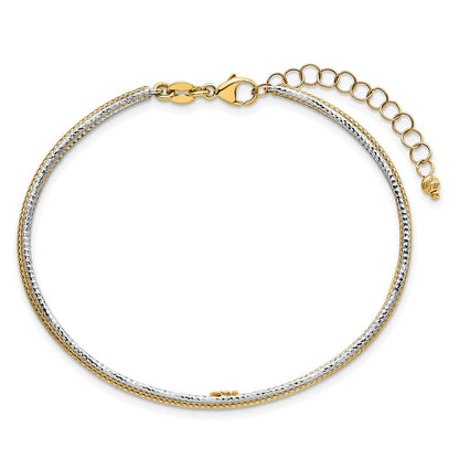 14K Two-Tone Gold Textured Woven 5mm Flexible Bangle Bracelet Plus 1.25 Inch Extender