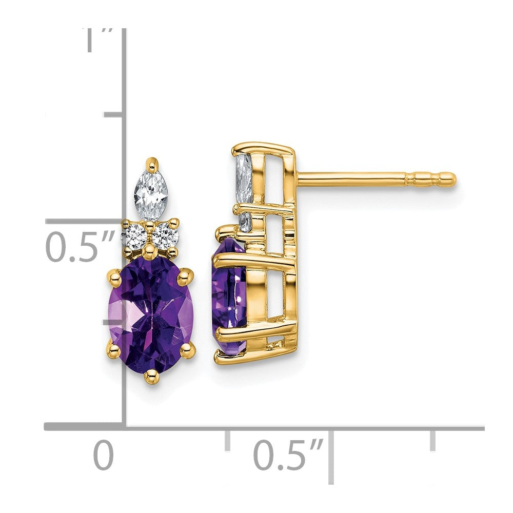 14K Yellow Gold Diamond and 7x5 Oval February/Amethyst Post Earrings