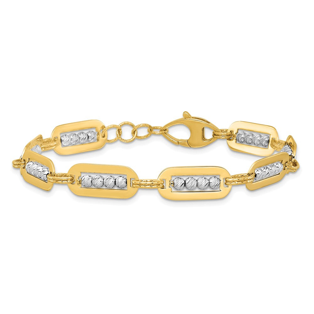 14K Two-Tone Gold Polished Diamond-cut Bead Chain Bracelet Plus Extender