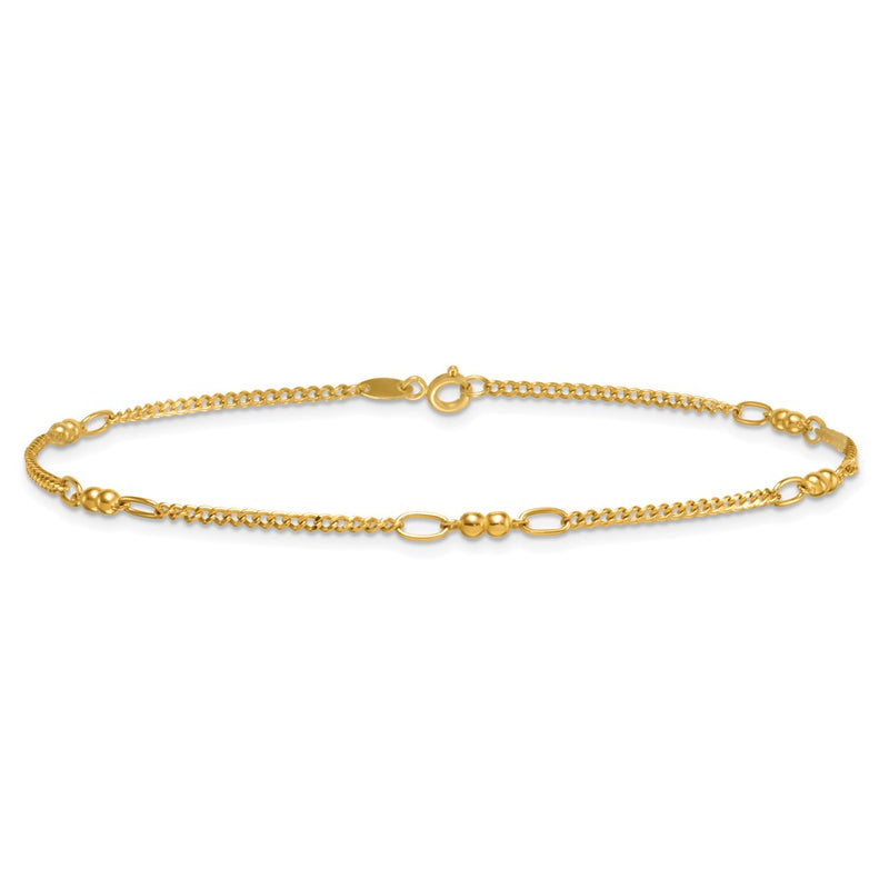 14K Yellow Gold Polished and Diamond-cut 5-Station Beaded Mixed Link Chain Anklet