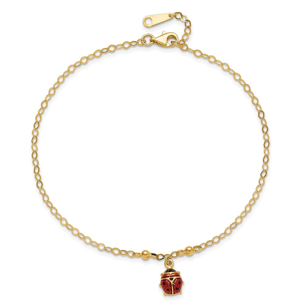 14K Yellow Gold Red and Black Enameled Ladybug 9 Inch Plus 1 Inch Extender - Total 10 Inch Anklet