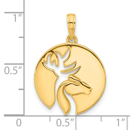 14K Yellow Gold Polished Cut-out Deer Head Circle Pendant