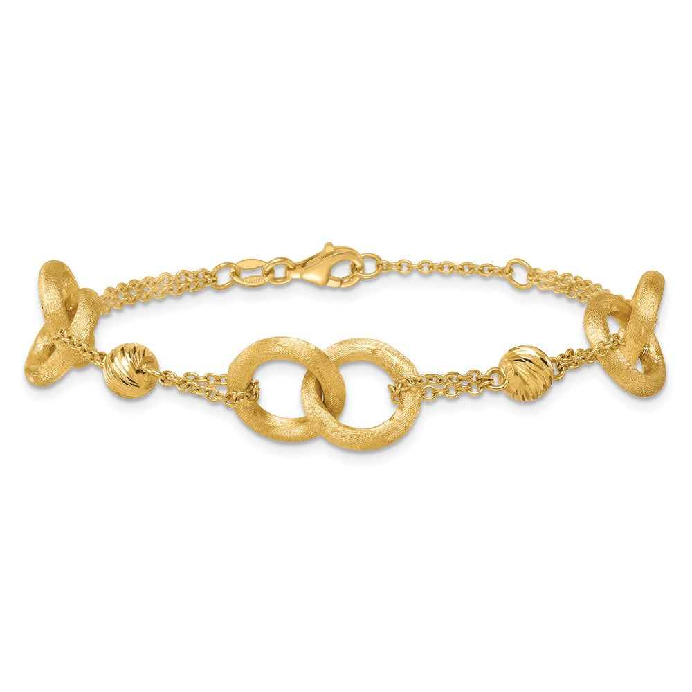 14K Yellow Gold Polished And Brushed Double Loop and Chain Bracelet with Extender