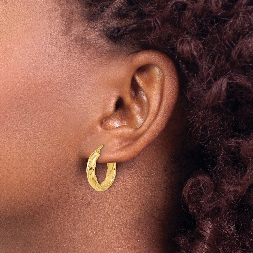 14K Yellow Gold Polished and Textured Hoop Earrings