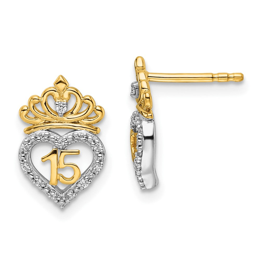 14K Two-Tone Gold Two-tone Polished 1/15 carat Diamond Quinceanera 15 Heart/Crown Post Earrings