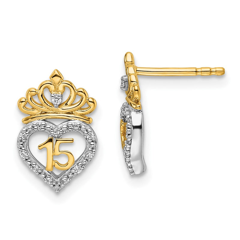 14K Two-Tone Gold Two-tone Polished 1/15 carat Diamond Quinceanera 15 Heart/Crown Post Earrings