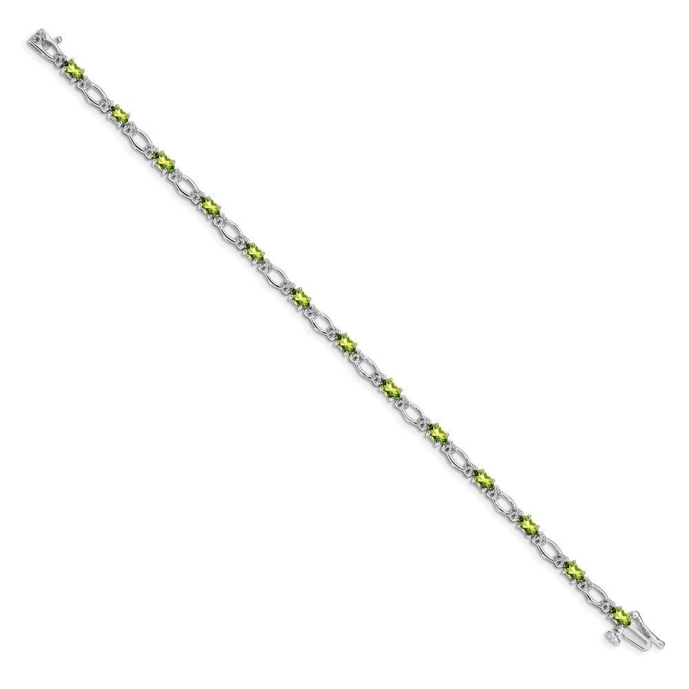 14K White Gold Complete Diamond and Oval Peridot Heart Accent 7 Inch Bracelet