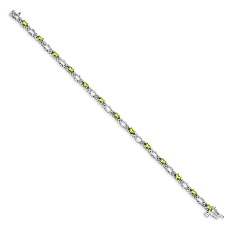 14K White Gold Complete Diamond and Oval Peridot Heart Accent 7 Inch Bracelet