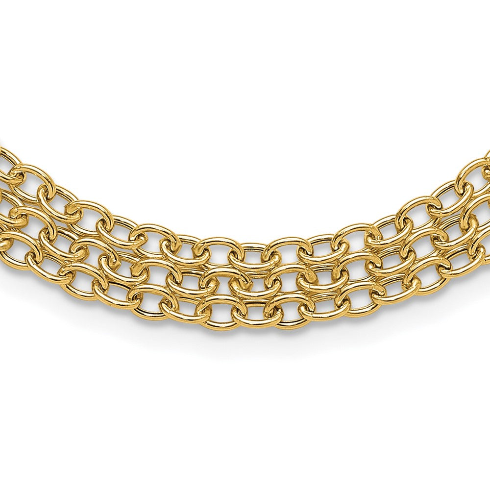14K Yellow Gold Polished and Textured Fancy Cable with 3-Strand Bib 17 Inch Necklace