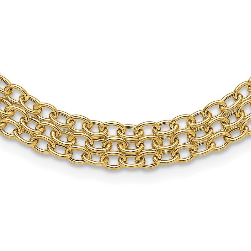 14K Yellow Gold Polished and Textured Fancy Cable with 3-Strand Bib 17 Inch Necklace