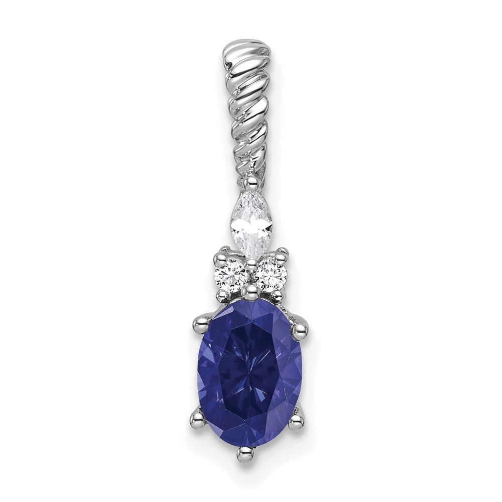 14K White Gold Diamond and 7x5 Oval September/Lab Created Sapphire Twisted Chain Slide