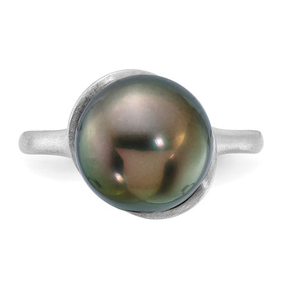 14K White Gold Brushed 10-11mm Round Black Tahitian Saltwater Cultured Pearl Ring