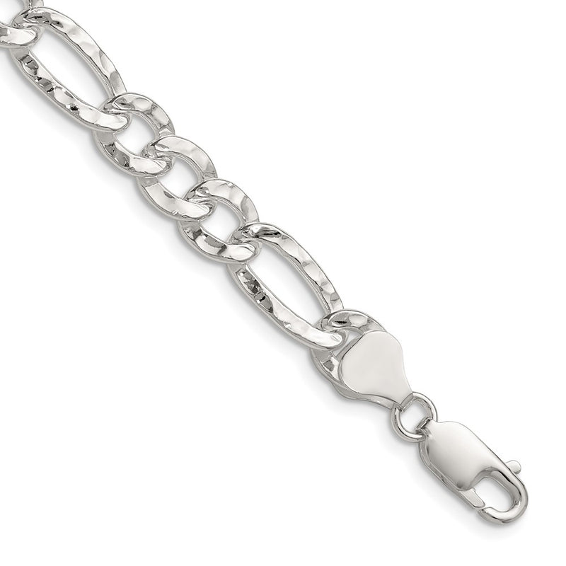 Sterling Silver 7.6mm Hammered Figaro 22 Inch Chain