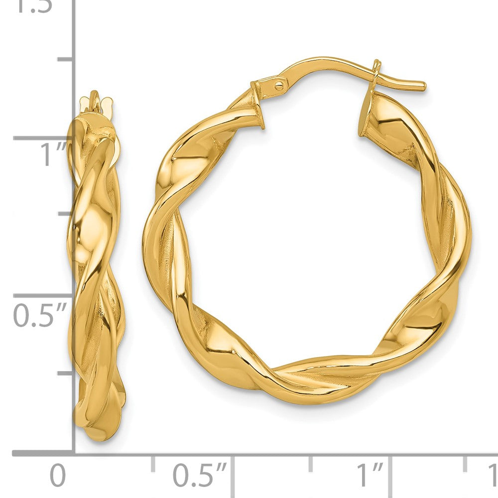 14K Yellow Gold Polished Twisted 4.00 x 27mm Tube Hoop Earrings