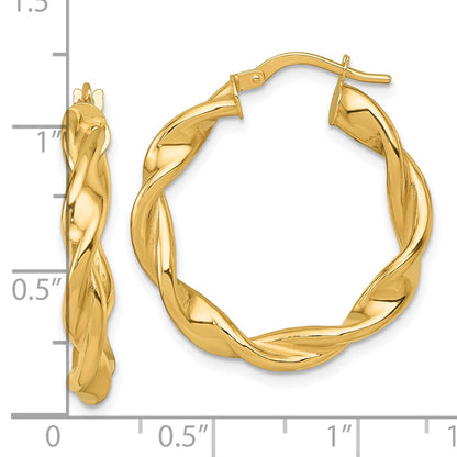 14K Yellow Gold Polished Twisted 4.00 x 27mm Tube Hoop Earrings
