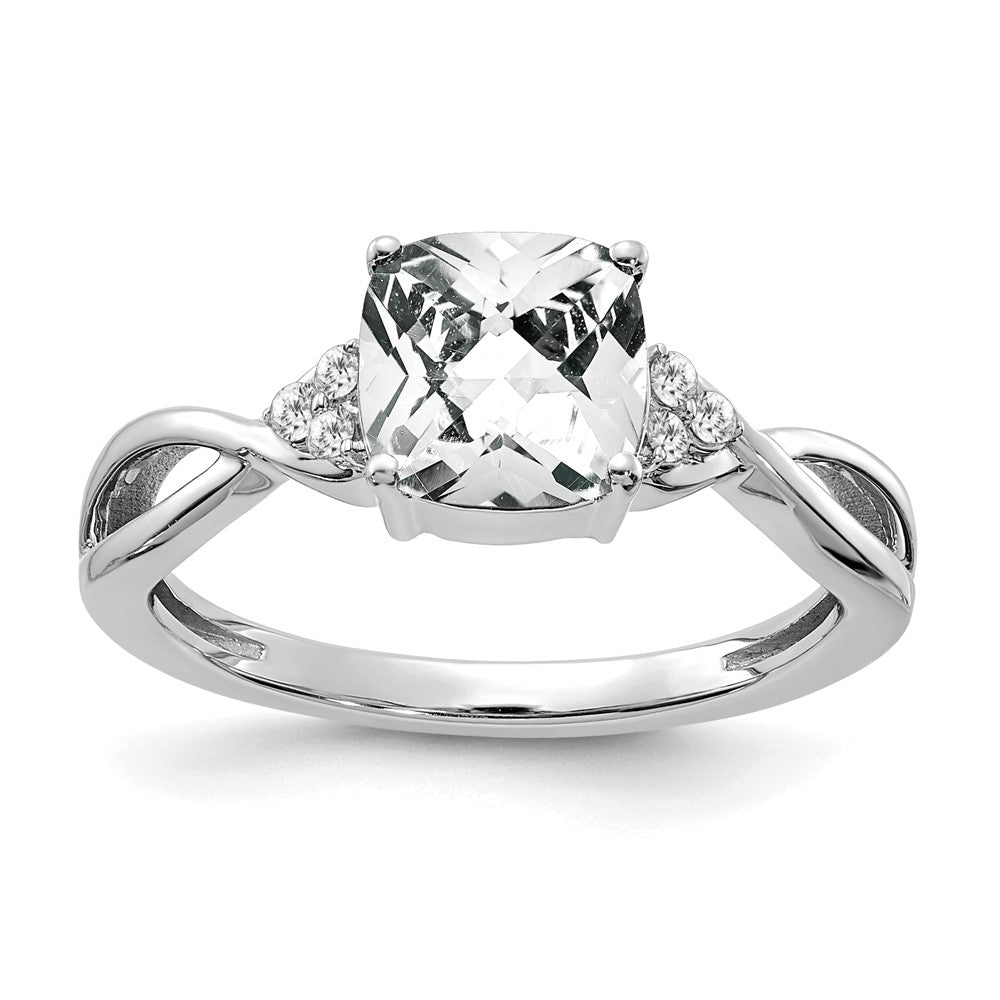 14K White Gold 7mm Cushion Checkerboard April/White Topaz and Diamond Ring