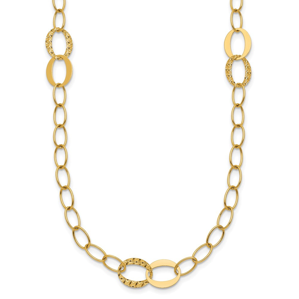 14K Yellow Gold Polished and Textured Fancy Oval Link 3-Station 16.75 Inch Necklace