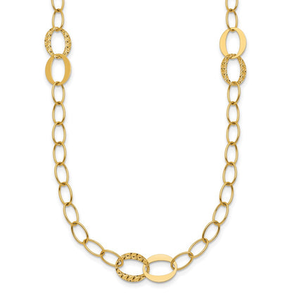 14K Yellow Gold Polished and Textured Fancy Oval Link 3-Station 16.75 Inch Necklace