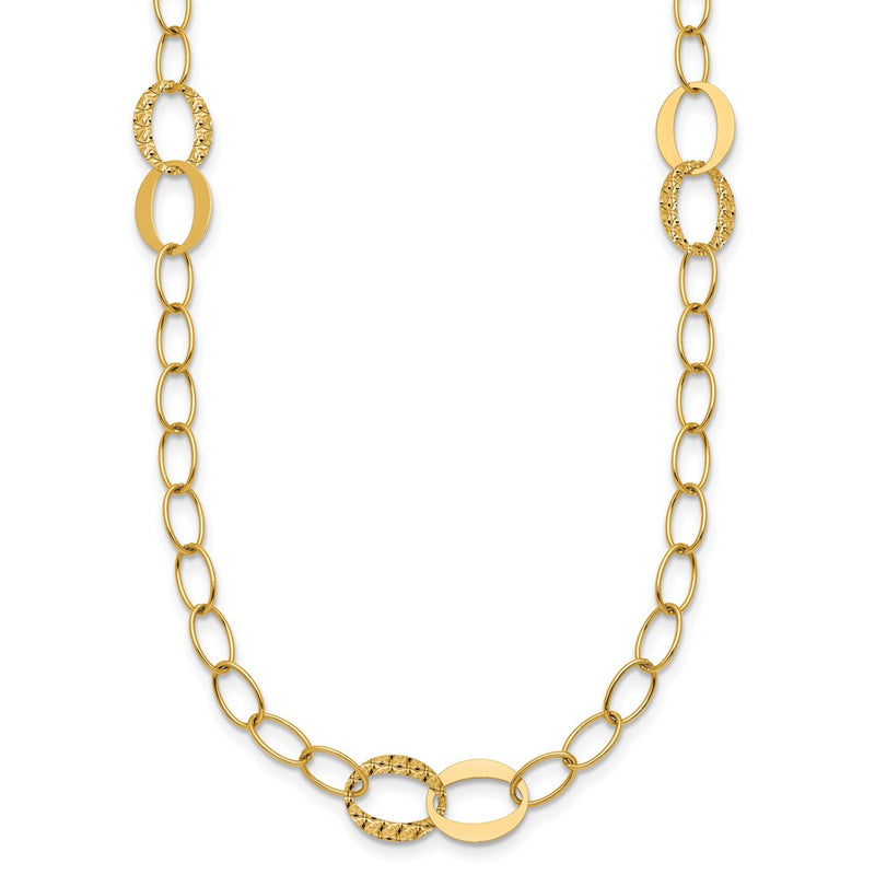 14K Yellow Gold Polished and Textured Fancy Oval Link 3-Station 16.75 Inch Necklace