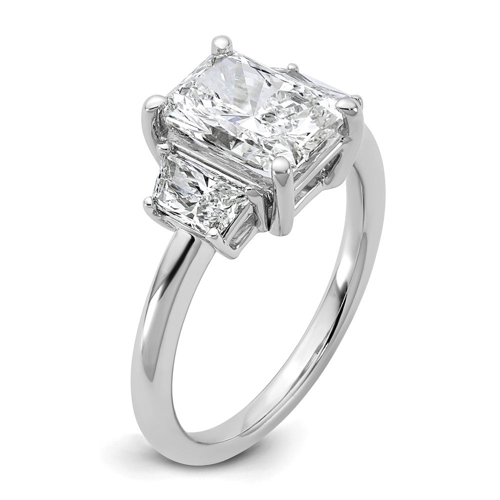 14K White Gold 3/4 carat Lab Grown Diamond VS+ F+ Trapezoid 2 carat Radiant Center Semi Mount Three Stone Engagement Ring
