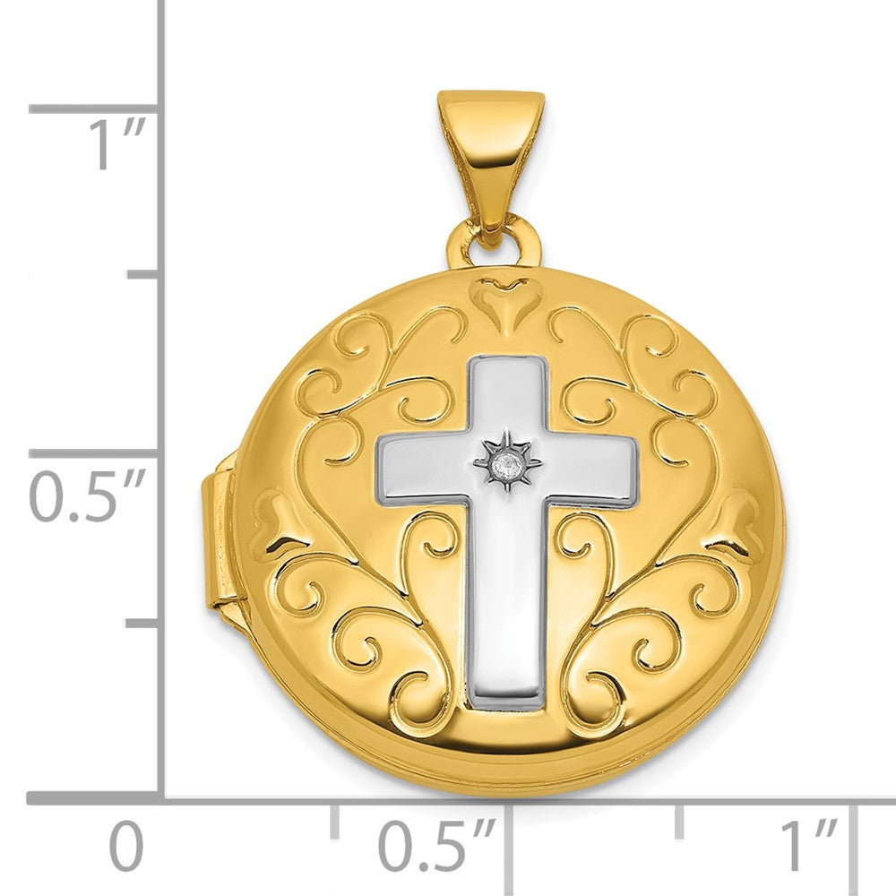 14K Yellow Gold and Rhodium Half Point Diamond Polished Cross 20mm Round Locket