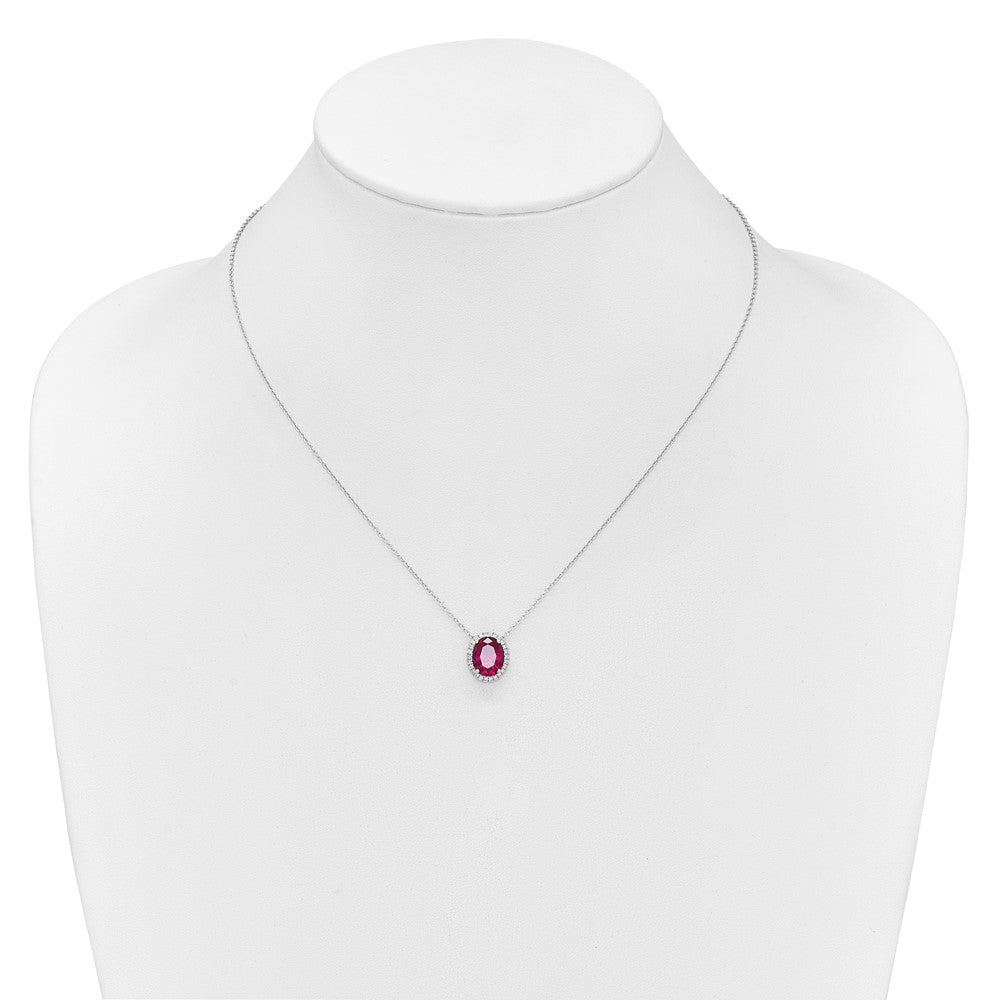14K White Gold 10x8mm Oval Lab Created Ruby and Diamond Halo 18 Inch Necklace