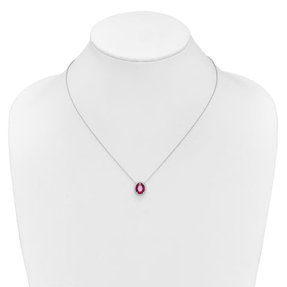 14K White Gold 10x8mm Oval Lab Created Ruby and Diamond Halo 18 Inch Necklace