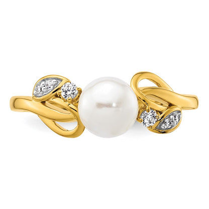 14K Yellow Gold Polished 1/15 carat Diamond and Freshwater Cultured Pearl Size 7 Ring