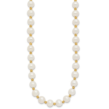 14K Yellow Gold 8-9mm Near-Round Freshwater Cultured Pearl and Diamond-cut Beaded 18 Inch Necklace