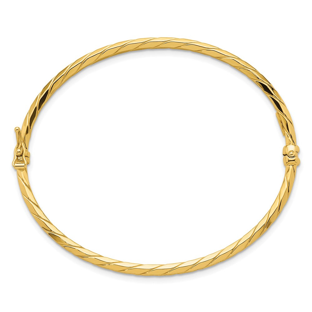 14K Yellow Gold Polished and Diamond-cut Twisted 3.00mm Hinged Oval Bangle Bracelet