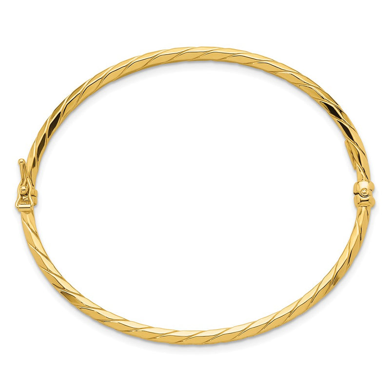 14K Yellow Gold Polished and Diamond-cut Twisted 3.00mm Hinged Oval Bangle Bracelet