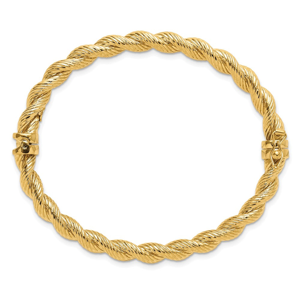 14K Yellow Gold Polished and Textured 5.50mm Twisted Hinged Oval Bangle Bracelet