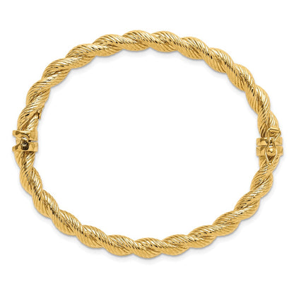 14K Yellow Gold Polished and Textured 5.50mm Twisted Hinged Oval Bangle Bracelet
