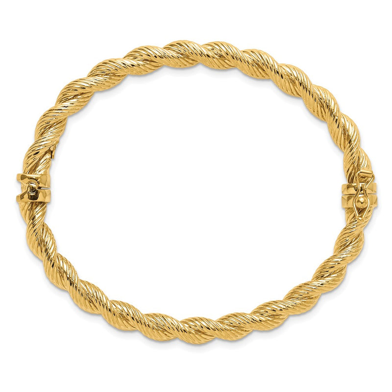 14K Yellow Gold Polished and Textured 5.50mm Twisted Hinged Oval Bangle Bracelet
