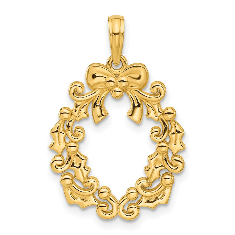 14K Yellow Gold Polished Christmas Wreath Pendant