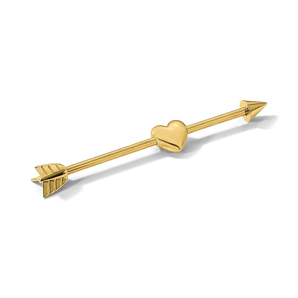 14K Yellow Gold 14 Gauge Polished Arrow with Heart Industrial Body Jewelry
