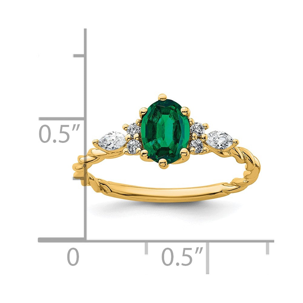 14K Yellow Gold Diamond and 7x5 Oval May/Lab Created Emerald Size 7 Twisted Ring