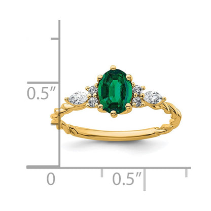 14K Yellow Gold Diamond and 7x5 Oval May/Lab Created Emerald Size 7 Twisted Ring
