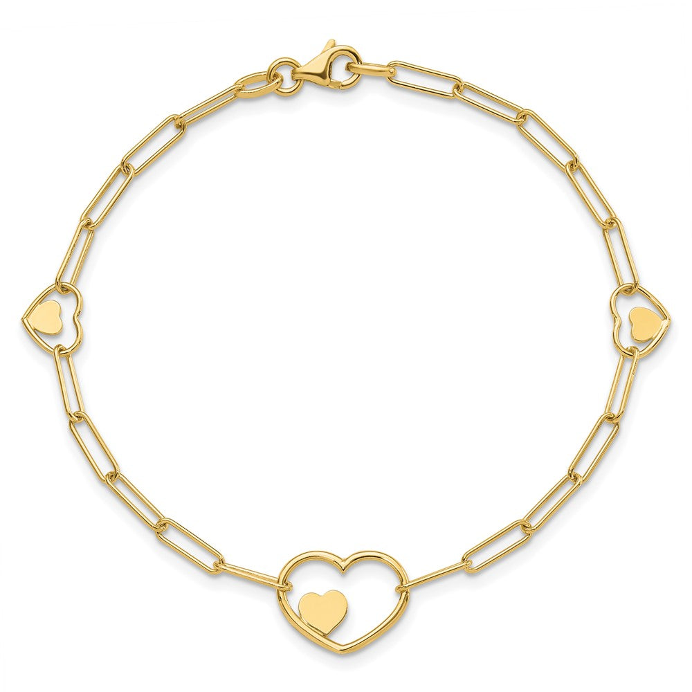 14K Yellow Gold Double Hearts and Paperclip Links Chain Bracelet