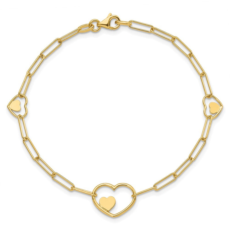 14K Yellow Gold Double Hearts and Paperclip Links Chain Bracelet