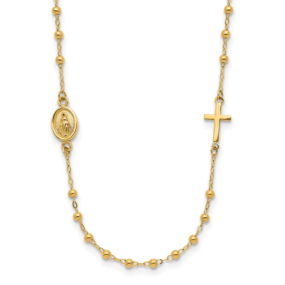 14K Yellow Gold Polished Miraculous Medal and Cross Beaded Rosary Design 16.5 Inch Necklace