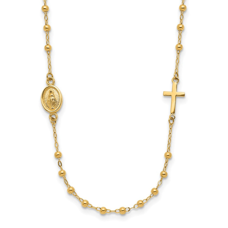 14K Yellow Gold Polished Miraculous Medal and Cross Beaded Rosary Design 16.5 Inch Necklace